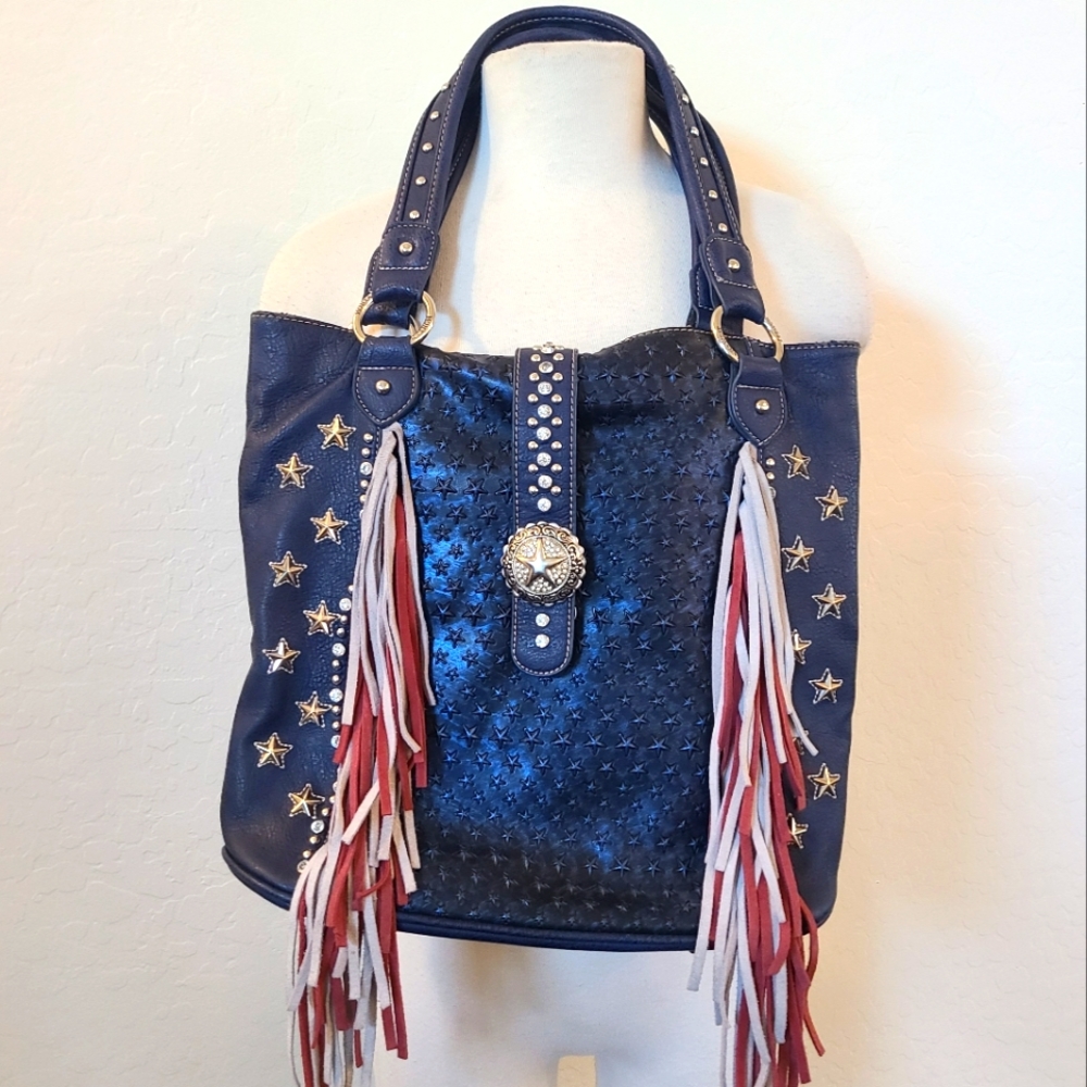 Montana West Red White & Blue Purse Fringe Crystal Studded Detailing NWT Defects